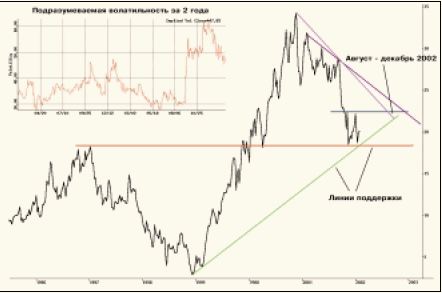 Ценовой график фьючерса на сырую нефть (Crude Light, NYMEX) вместе с подразумеваемой волатильностью на 01 февраля 2002 г.
