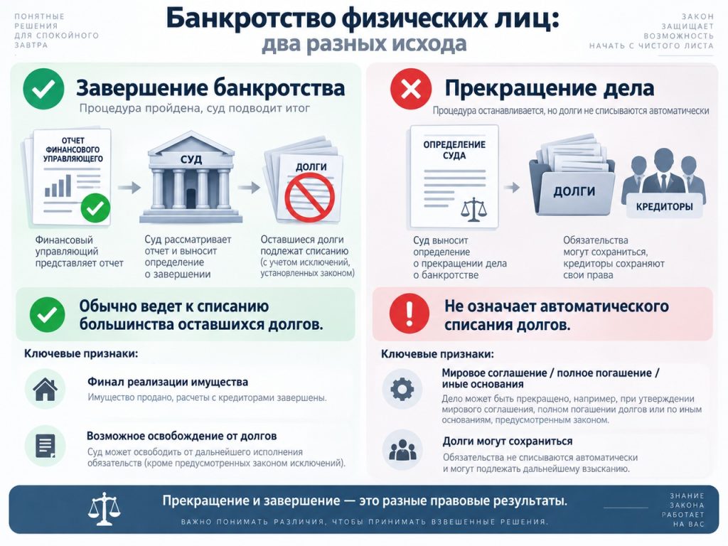 Дело заканчивается досрочно по отдельному основанию: например, из-за мирового соглашения, полного погашения реестра или отсутствия денег на дальнейшее проведение.